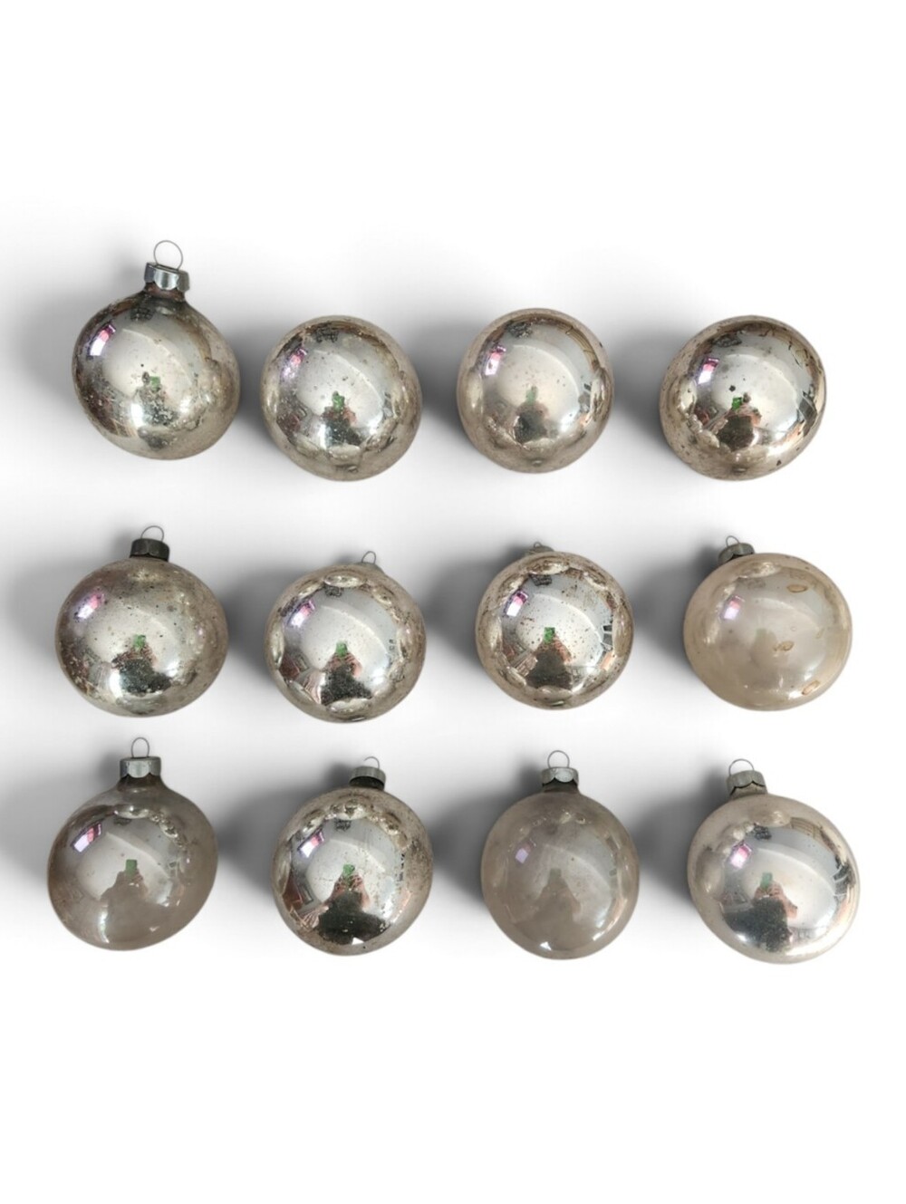 12 Vintage Pyramid Silver Glass Christmas Ornaments